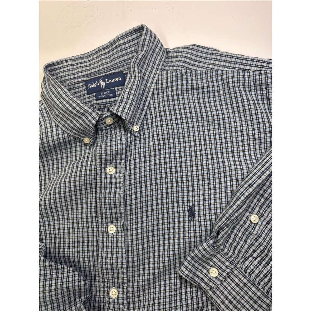 Ralph Lauren Blue Plaid Blake Button Up Shirt, Men's XXL Cotton Long Sleeve